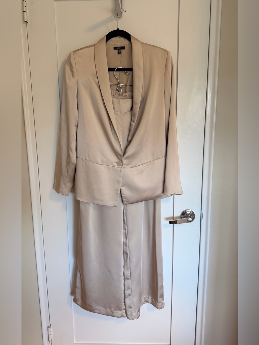 Drew Cream Satin Blazer and Pants Suit Set